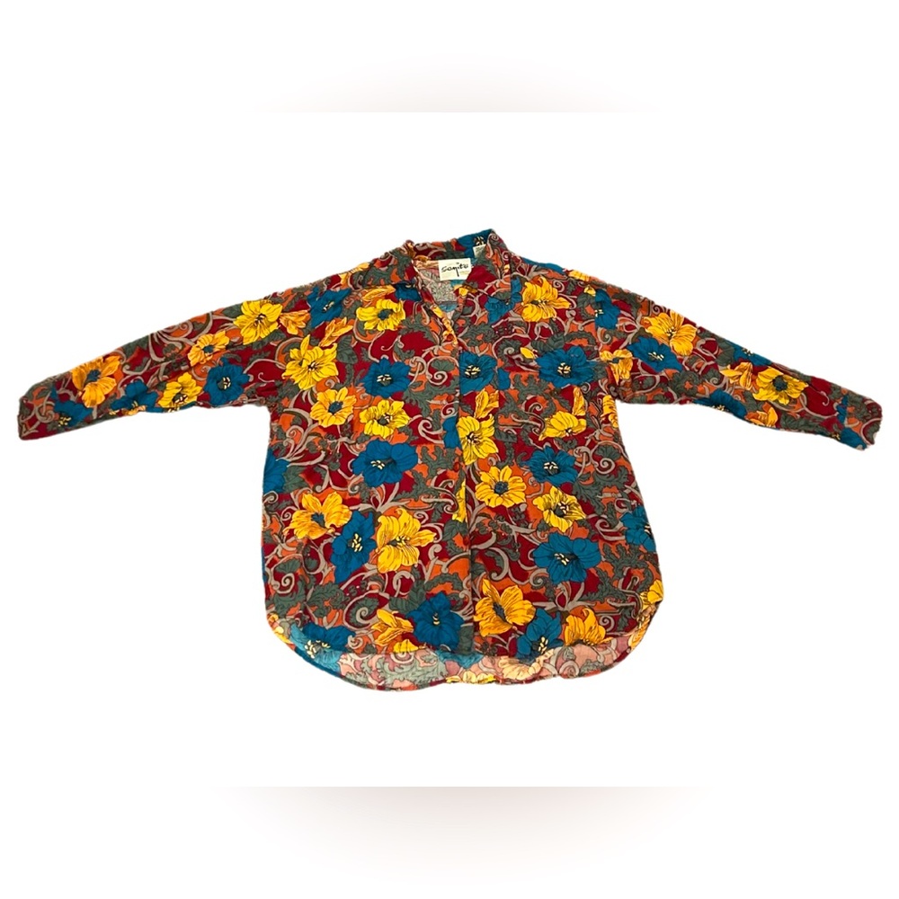 Boho Floral Long Sleeve Button Up Shirt | Size M | Burgundy/Multi